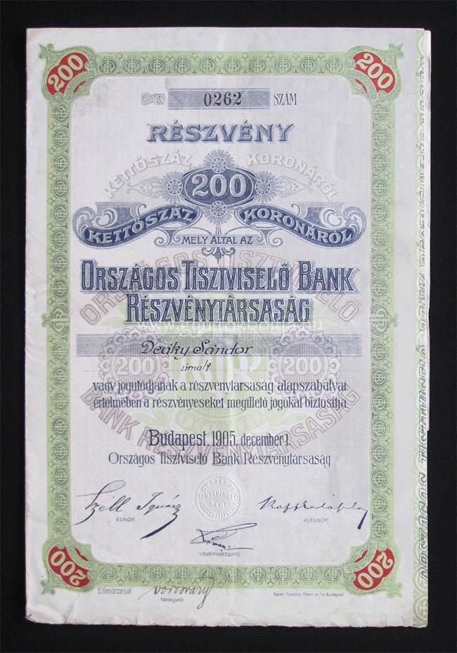 Országos Tisztviselõ Bank részvény 200 korona 1905